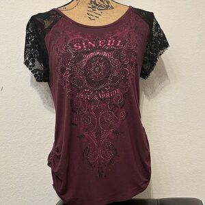 Sinful Women's Maroon and Black Lace Tee